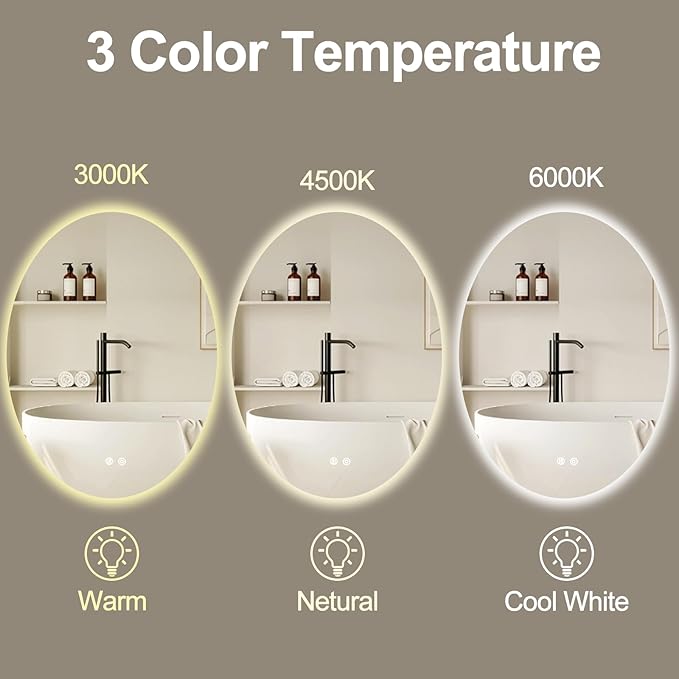 28 X 20 Inch Oval Backlit LED Bathroom Mirror Anti-Fog 3 Colors Light Dimmable Wall Mounted Lighted Bathroom Vanity Mirror Smart Makeup Mirror with Touch Switch