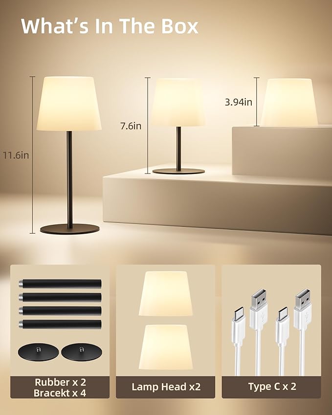 EZVALO Outdoor Cordless Table Lamp, IP65 Waterproof 4500mAh Rechargeble Shower Lamp, Dimmable Touch Lamp, LED Night Light Lamp for Bathroom Patio Camping Restaurant Home 2 Pack(Black)