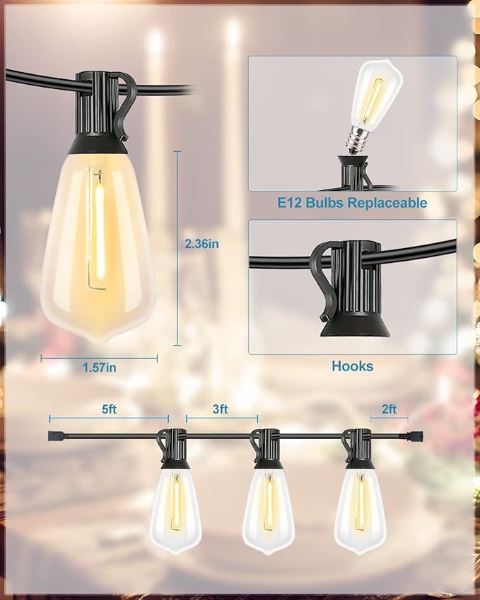 Lightdot 200FT Outdoor String Lights, LED Bistro String Lights with Shatterproof S14 Vintage Bulbs, 2700K Dimmable, Waterproof Hanging Lights for Porch, Deck, Garden, Backyard, Balcony