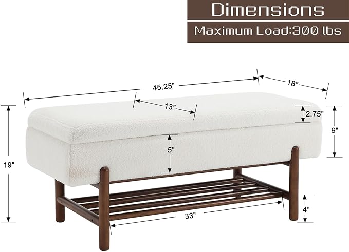 Modern Entryway Storage Bench, Upholstered Shoe Ottoman Bench, Flip-Top End of Bed Bench with Wood Shelf for Living Room/Bedroom/Hallway/Under Window,45Inches, Cream Faux Fur