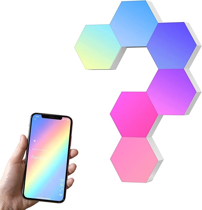 Yescom APP Control 6 Pack Smart LED Light Panels Hexagon Smarter Replacement Kit WiFi Smart LED Lamp Lighting Expansion 16 Million Colors Changing for DIY Gaming Party Decor
