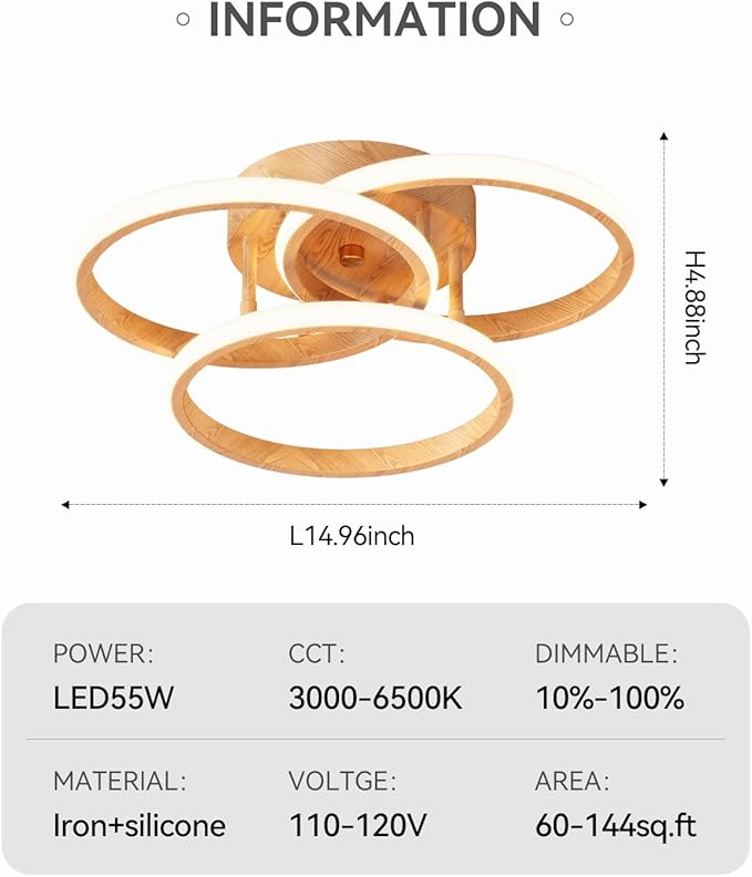 Dimmable LED Semi Flush Mount Ceiling Light Fixture with Remote Control 3-Color Dimming Circle Modern Light, Close to Ceiling Bedroom Kitchen Hallways Balcony Corridor Lamp (15in- 3 ring LightWood)