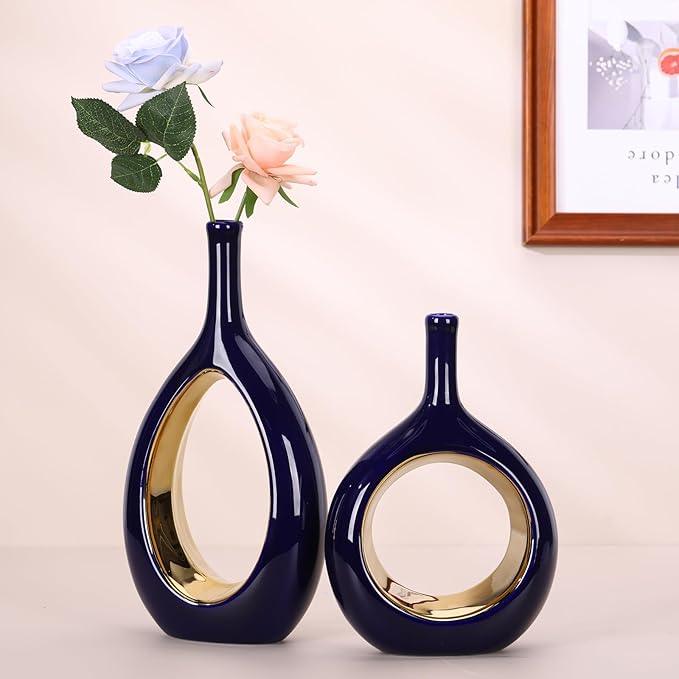 Blue and Gold Vase Ceramic Blue Vases Home Decor,Modern Minimalist Circle with Hole Decorative Vase, Hollow Ellipse Flower vases for Bookshelf, Fireplace Mantle, Centerpieces,Farmhouse,Rustic Décor