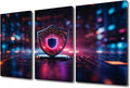TUMOVO Modern Wall Art 3 Panel Internet Network Security Pictures Print on Canvas for Wall Art Decoration, Cyber Security and Data Protection Artwork Wooden Framed Ready to Hang, 36" Wx24 H