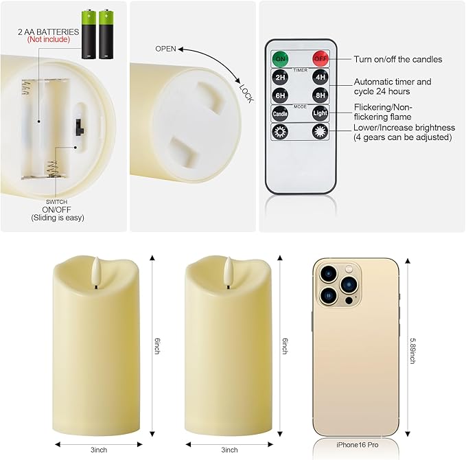 Raycare 6"x3" Outdoor Waterproof Flameless Candles with Remote and Timer, Battery Operated LED Electric Fake Pillar Candle for Christmas Home Wedding Decor, Dark Ivory, Set of 2