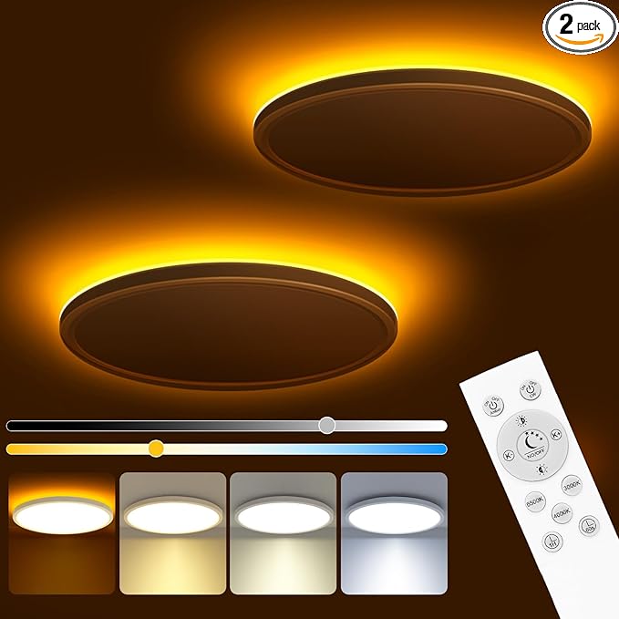 zemty 12 Inch LED Ceiling Light with Night Light 1800K, 2 Pack Dimmable Ceiling Light Fixtures with Remote Control, Low Profile Lighting for Bedroom, Living Room, Kitchen-White