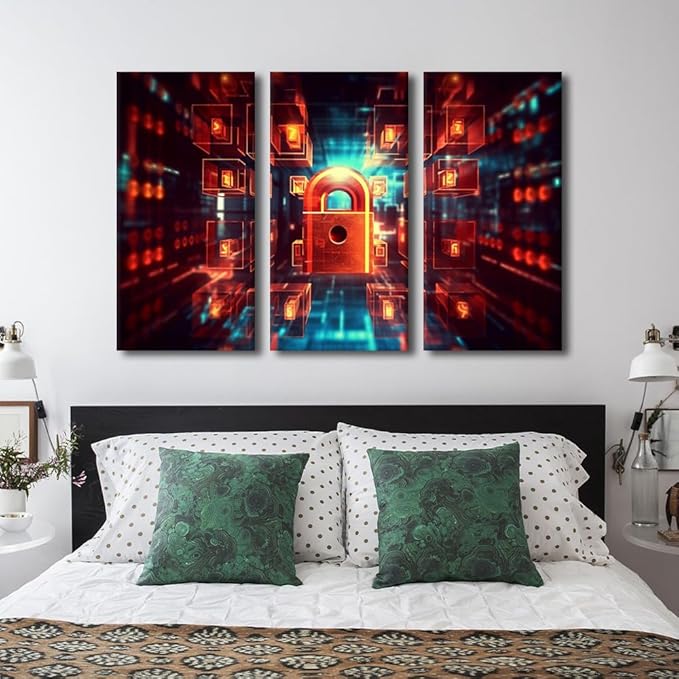 TUMOVO Cybersecurity Wall Art 3 Panel Digital Image of Padlock Cyber Security Background Pictures Print on Canvas for Living Room Bedroom Decoration Stretched Framed Ready to Hang, 42" Wx28 H