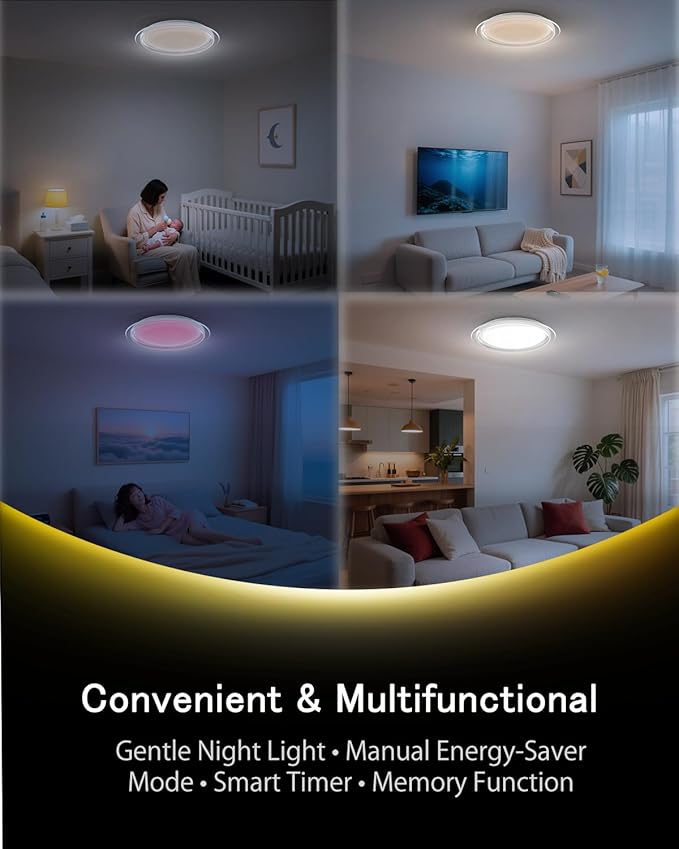1-Pack, 21 inch Smart LED Music Ceiling Light with Bluetooth Speaker, Compatible with Alexa & Google Home, Color Changing RGB Dimmable Light for Living Room, Bedroom, Kitchen