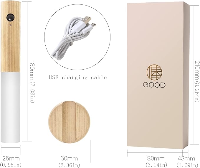 Wooden LED Night Lights Motion Sensor Indoor Magnet Body Rechargeable Wall Mounted Torch Light for Bedroom, Hallway, Stairway and More(White Ash Wood 2PCS)