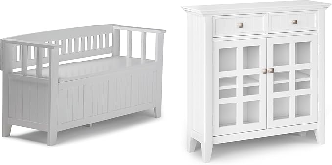 SIMPLIHOME Acadian Solid Wood 48 inch Wide Storage Bench that Seats 2 and 36 inch Wide Storage Cabinet in White for the Living Room, Entryway, and Family Room, Transitional Style