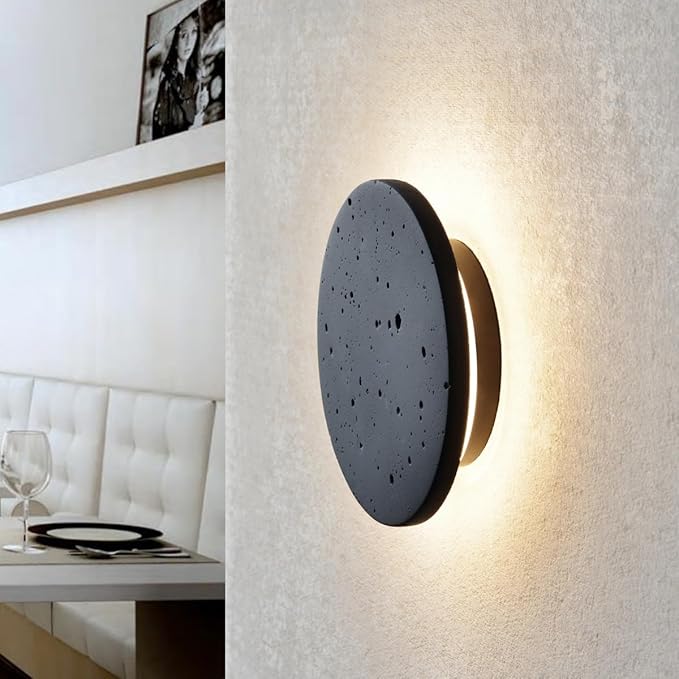 Black Wall Sconce Indoor,Hallway Sconces Wall Lighting Round,Led Cement Wall Lamp Hardwired,Minimalist Wall Mount Light Flat Design,Modern Sconces Lighting for Bedroom,Living Room,12w 3000k,Warm White