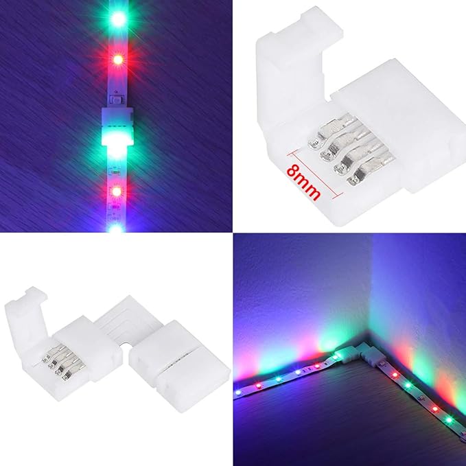 SUPERNIGHT 3528 2835 4 Pin 8mm LED Strip Connector, RGB Rope Lights Connector Kit, Gapless Solderless Clip, 32.8ft Extension Wire Cable, L Shape PCB (for 8mm Width Strip)