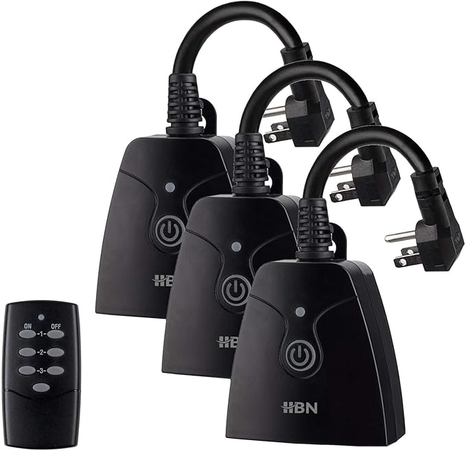 HBN Outdoor Wireless Remote Control Outlet Plug,Weatherproof Heavy Duty Power Strip,Indoor Electrical Plugs for Light Switch,6-inch Cord,100ft Range, ETL Listed(15A,Dual 3-Prong Outlets,3Packs)