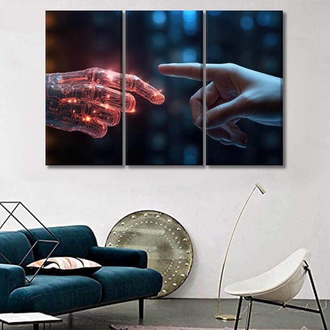 LSIUHWUWI Modern Wall Art 3 Panel The Human Finger touches the Robot's Finger Pictures Print on Canvas for Wall Art Decoration, Wooden Frame Artwork Ready to Hang 20x40inchx3