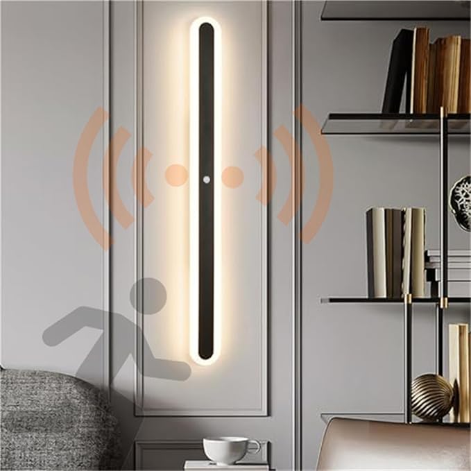 Modern LED Wall Sconce with Motion Sensor Interior Acrylic Black Wall Lamp Indoor Minimalist Long Wall Light Inside Lighting Fixtures for Living Room Bathroom Front Door Bedroom (150CM,Natural Light)