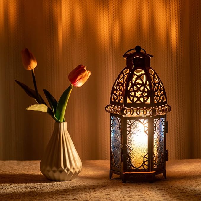 DECORKEY Vintage Candle Lantern, 12.8’’ Moroccan Style Decorative Metal Hanging&Tabletop Lantern, Ramadan Christmas Candle Holder Decorations for Home Outdoor Patio (Blue)