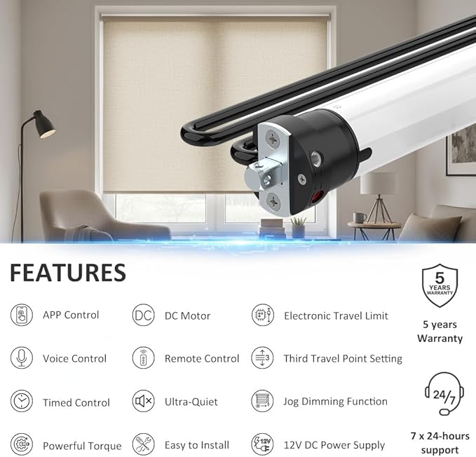 Tuya WiFi Smart Roller Shade Motor DC12V, High Torque Electric Blind Motor, Compatible with Alexa/Google Home, Retrofit Motorized Roller Blinds Kit (6.0 N.m for Φ40mm (1.57") Octagonal Tube)