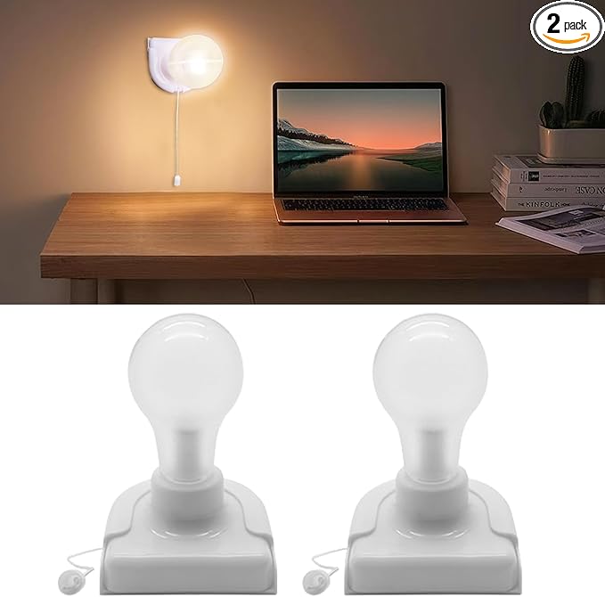 2 Pack Battery Operated Light Bulb, Stick-Up Battery Powered Wireless LED Closet Light Bulb, Self Adhesive Wall Light Fixture with Pull Chain for Cabinet Bedroom Kitchen, 3000K Warm White