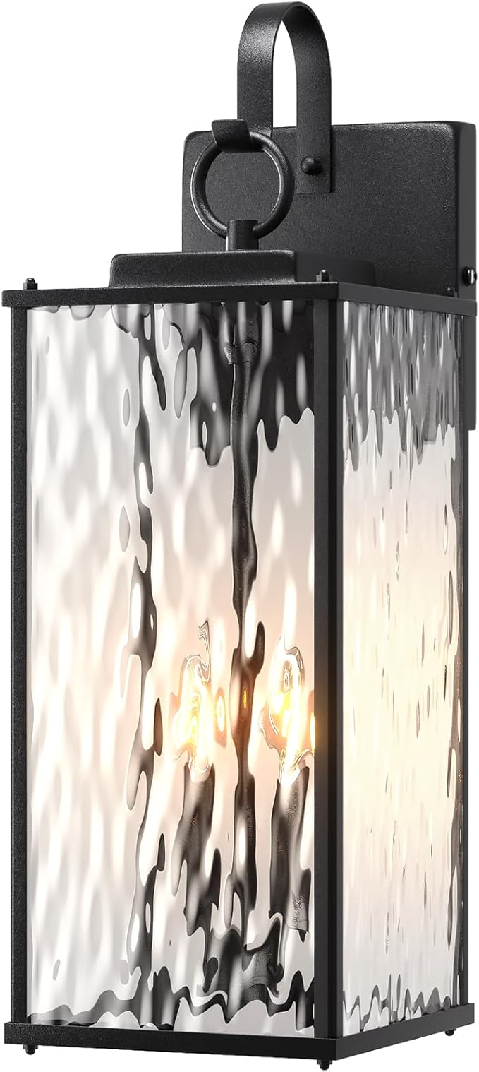 18 Inch Large Outdoor Light Fixture with 2-Light Candelabra, 1-Pack Water Ripple Glass Exterior Lighting Fixture IP65 Waterproof Outdoor Wall Lantern Outside Lamp Carriage Porch Light, E12