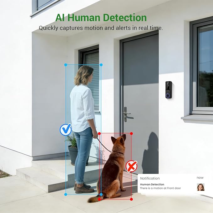 1080P Wireless Wi-Fi Video Doorbell Camera, Dome Home Security, Night Vision, Two-Way Audio, Cloud Storage, Smart AI Motion Detection, Live View, Battery Powered, Indoor Outdoor Surveillance