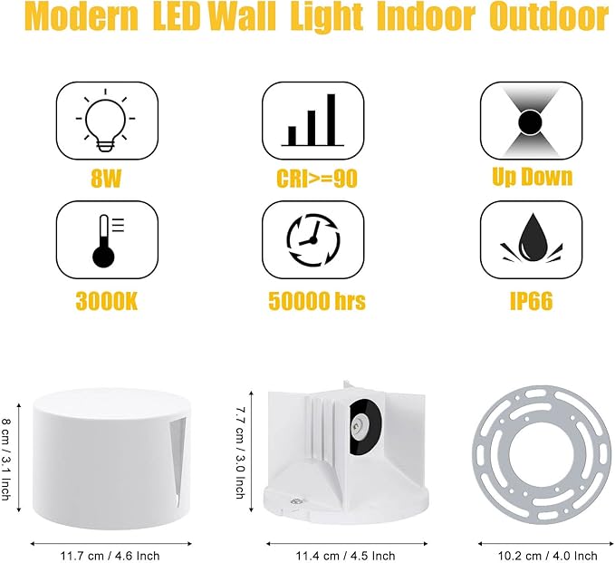 Kawell 8W Modern LED Wall Sconce Light Up Down Waterproof Outdoor Wall Lamp Indoor Hardwired for Bedroom Bathroom Hallway Stairs Porch, White 3000K