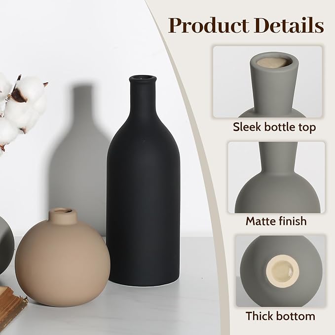 Ceramic Vase - Handmade Pottery Neutral Tone Home Decor for Floral Arrangements, Table Mantel Tray Decor - Modern Farmhouse Vases for Living Room Bedroom Kitchen Entryway (Multicolor-Black, 3 PCS)