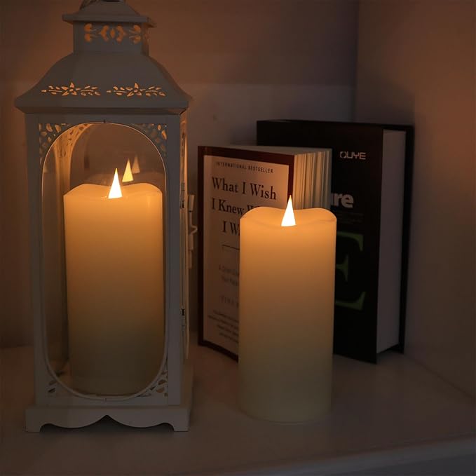 Flameless Candles with Remote Timer, 3D Moving Flickering Flame Battery Operated Candles Lasting 1000+ Hours, 3" x 7" Ivory Real Wax Electric LED Pillar Candles, Set of 2