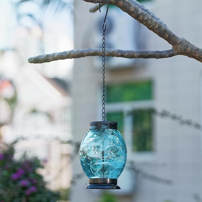 Solar Hanging Lanterns Outdoor, Waterproof Solar Glass Lights, Color Changing Led Lamp Light for Garden Yard Tree Home Xmas Decor, Blue