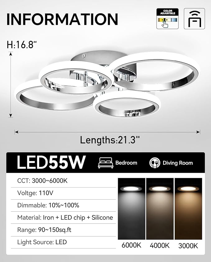 21.3in Chrome Modern LED Ceiling Light Fixture with Remote Control, 3000K-6500K 3-Color Dimming Circle Modern Ceiling Lamp Bedroom Kitchen Living Room Dining Room