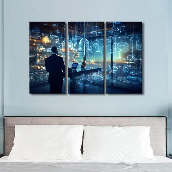 Framed Wall Art 3 Panel AI Art and Data Analytics Pictures Print on Canvas Wall Art for Living Room Bedroom Wall Decorations, Concepts Artwork Wooden Framed Ready to Hang, 42" Wx28 H