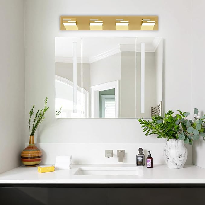 LED Modern Bathroom Vanity Light Fixtures, 4-Light 28-inch Dimmable Gold Vanity Lights for Bathroom Lighting Fixtures Over Mirror, with 350° Rotatable Heads (Cool White 6000K)