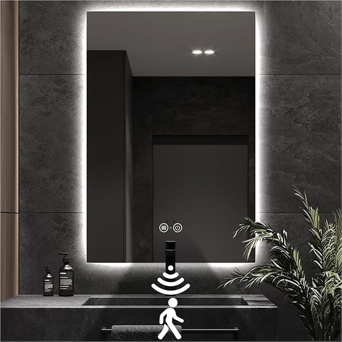 Backlit LED Bathroom Mirror, Infrared Motion Sensor Vanity Mirror with 3-Color Lights, Stepless Dimmable Wall Lighted Mirror with Anti-Fog, Memory, Rectangular (36" H x 28" W)