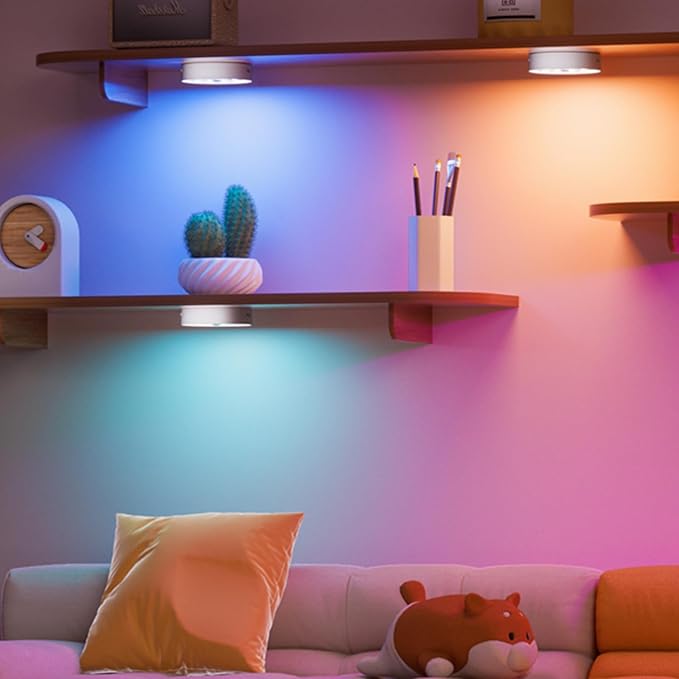 RGB Puck Lights with Remote & Motion Sensor – 1500mAh Rechargeable Under Cabinet Lighting for Kitchen, Closet & Stairs – 13 Colors, Magnetic Stick-On Lights, 6 Pack