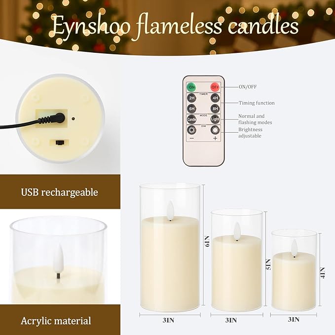 3-Pack Rechargeable Flameless Candles with Remote & Timer, Flickering LED Candles for Living Room, Fireplace, TV Stand & Bedroom Night Light, Holiday Party Decor, Housewarming Gift (Yellow)