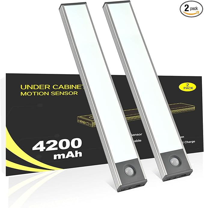 Under Cabinet Lighting, 4200mAh Rechargeable Motion Sensor Light Indoor, 240lm Wireless Under Cabinet Lights, Magnetic Battery Operated LED Closet Light for Kitchen Stair (11 Inch, Cool White, 2 Pack)