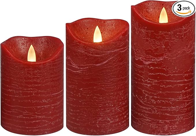 CANDLE CHOICE Battery Operated Flameless Candles with Timer Real Wax Realistic Flickering Electric LED Pillars Automatic Built-in Daily Cycle Timer 6-Hour on 18-Hour Off Set of 3 Rustic Texture Red