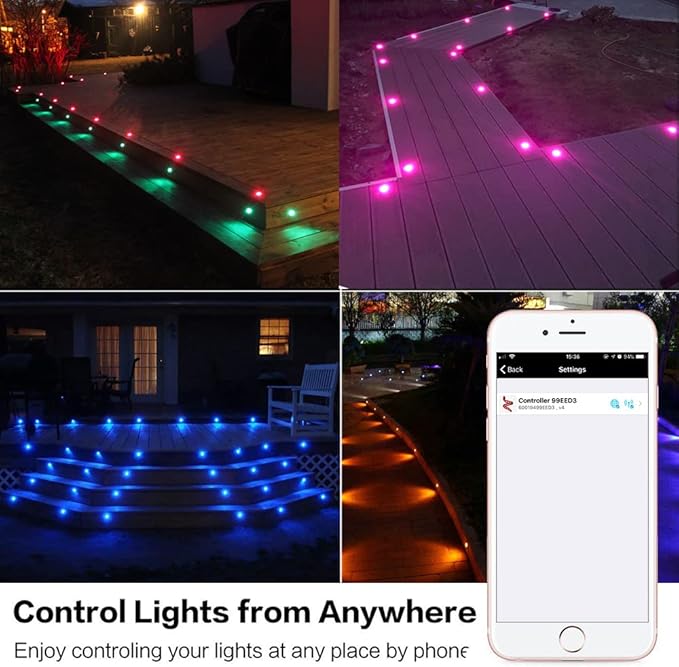 Sumaote 10Pcs WiFi RGBW Deck Lights Kit, 1.22" Recessed Low Voltage Step Lights Outdoor, IP67 Waterproof RGB and 3000K Dimmable Landscape Lighting for Stairs Path Pool Side, Smart APP Control