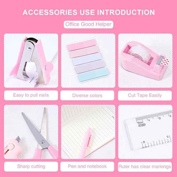Pink Desk Organizers and Accessories with Desk Organizer 360° Rotating Pen Holder and Office Supplies, Cute Stationery Supplies Set