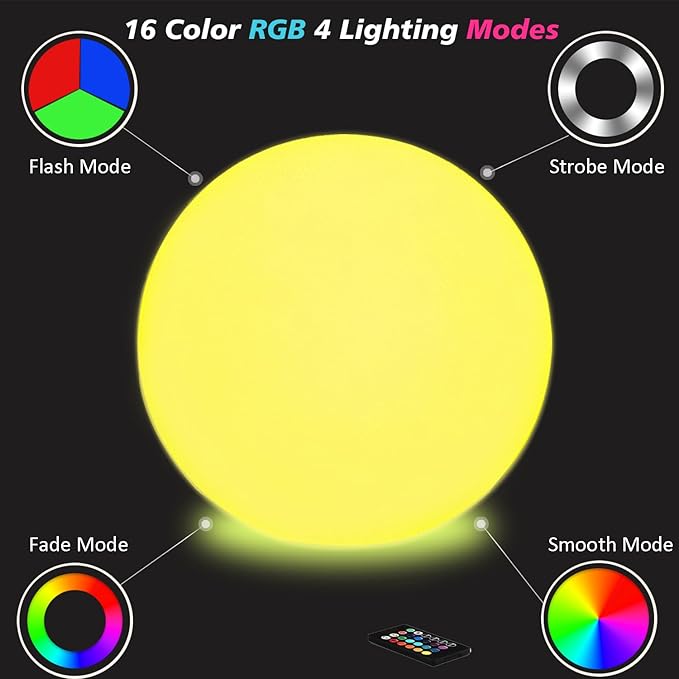 20-inch Large LED Globe Orb Light, Rechargeable LED Ball Light, Dimmable 16 RGB Colors Globe Floor Lamp w/Remote, Indoor/Outdoor Waterproof Glowing Orb Mood Lamp for Home Garden Patio Party