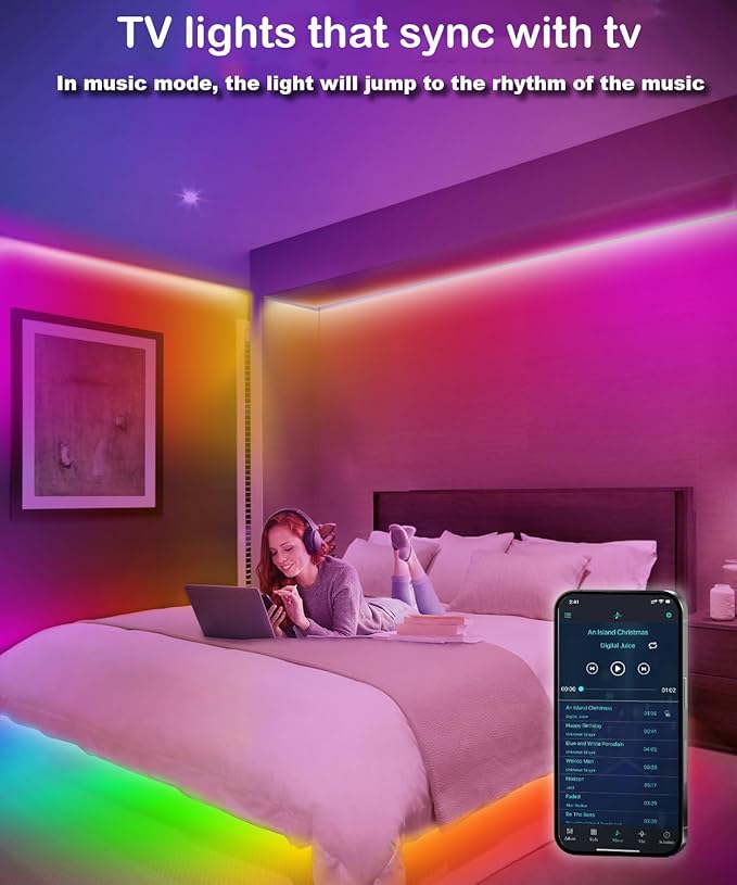 LED Strip Lights for Bedroom 33 FT, IC-RGB LED Lights for Room with Remote Bluetooth APP Control, USB LED Light Strip for Ambient Lighting Room Decor Christmas Halloween