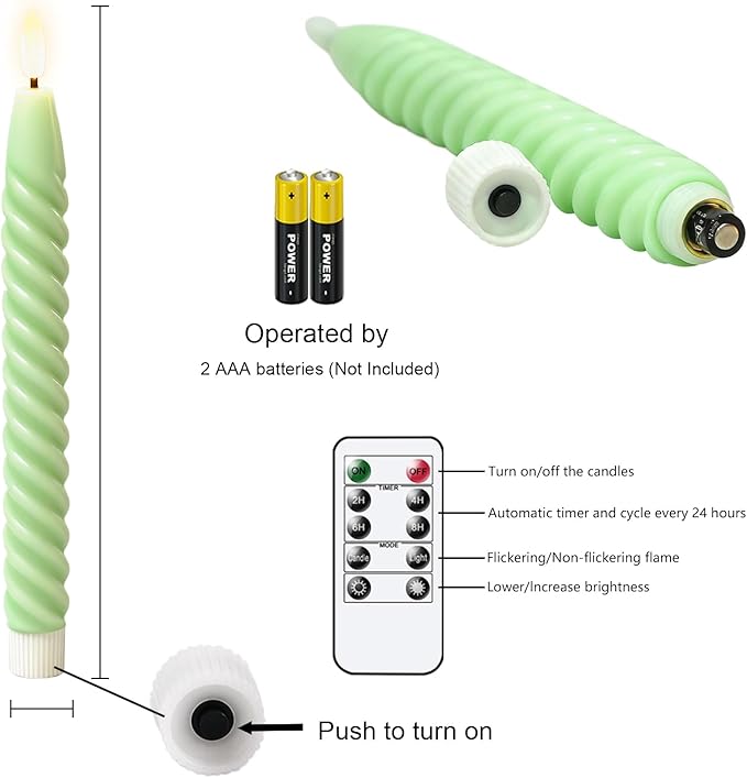 Easter Flameless Taper Candles Green Pastel Flickering with Remote Timer, Battery Operated Warm 3D Wick LED Spiral Candles 6 Pack 9.8" Real Wax Wedding Home Birthday Spring Easter Decorations