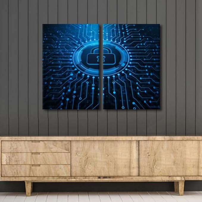 3 Pieces Home Decor AI Intelligence House Decorations for Living Room Wall Art Security Lock Symbol Paitings Pictures Painting Canvas Modern Artwork Framed Gallery-Wrapped Ready to Hang, 24" Wx16 H