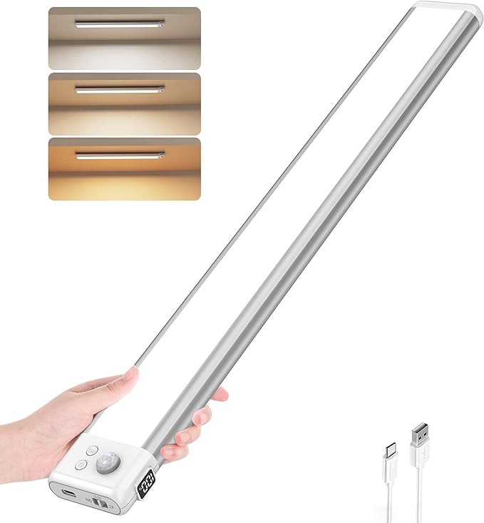 15.7inch Under Cabinet Lighting Rechargeable, 100 LED Super Bright, Motion Sensor, 3 Color Temps & Dimmable, Long Lasting Wireless Magnetic Closet Light for Kitchen, Stairs, Hallway