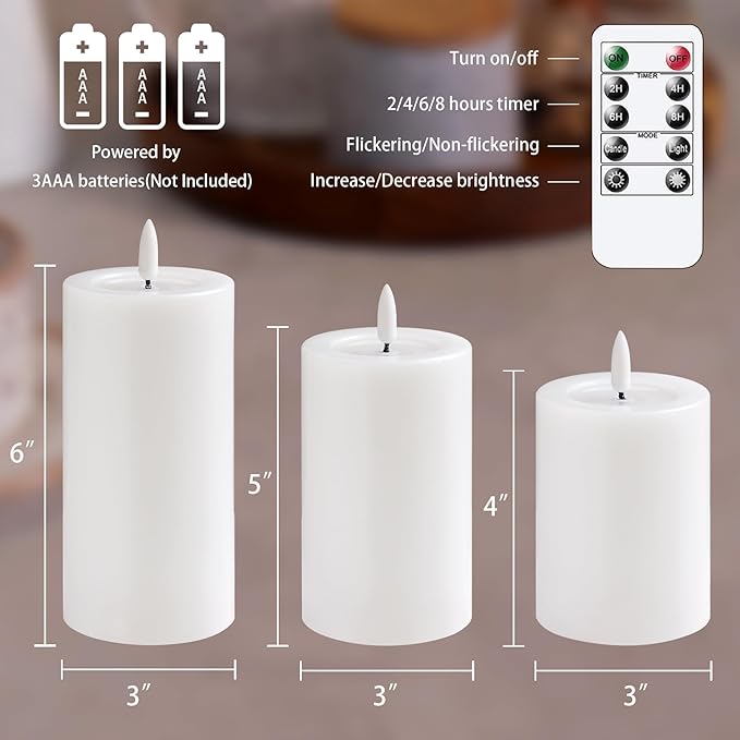 Remote Flameless Flickering Pillar Candles with Candle Grease Effect,Pack of 3 White LED Battery Oprated 2/4/6/8 Hours Timer Real Wax Electric Candles(3x4,5,6 Inches)