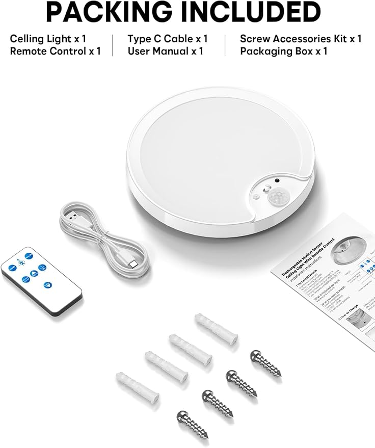 Rechargeable Motion Sensor Ceiling Light – No Wiring, USB Charging, 150+ Days Battery Life, Perfect for Hallways, Closets & Bathrooms