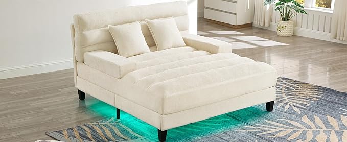 LifeSky Adjustable Chaise Lounge Sofa: 6-Position Reclining Sofa Bed with Smart LED Lighting - 60,000+ Color App-Controlled RGB Light Strip for Living Room & Apartment - Soft Chenille Upholstery Beige