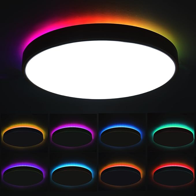 HOREVO Smart Flush Mount Ceiling Light with Remote - Alexa/Google Home Compatible, Dimmable RGB Color Changing (2700K-6000K), 12" Modern Minimalist wood ceiling light for Bedroom/Living Room/Kids Room