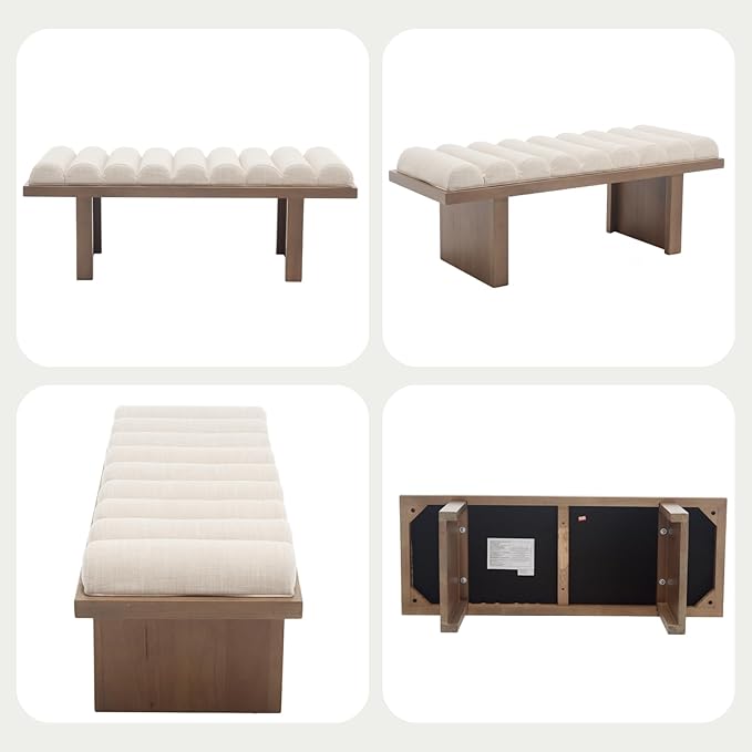 Modern Bedroom Bench, 47 Inch Upholstered End of Bed Bench Padded Entryway Bench with Cylindrical Cushion/Natural Wood Legs, Wooden Ottoman Bench for Living Room, Hallway, Linen Beige