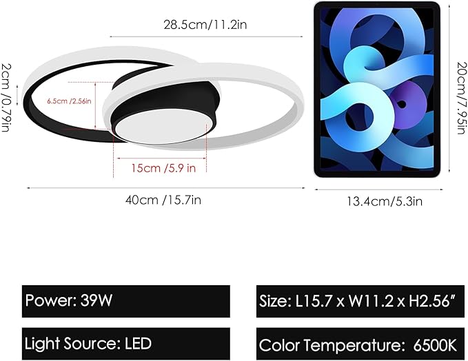 AUA LED Modern Ceiling Light, 39W Flush Mount Lights Fixture, 15.7 Inch Round 6500K Close to Ceiling Lighting for Bedroom, Kitchen, Hallway, Black and White
