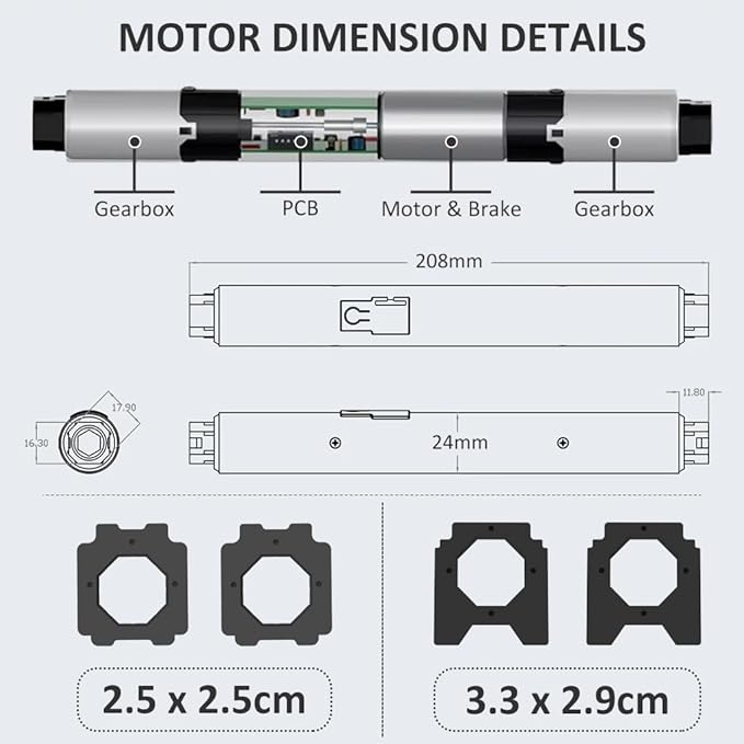 Motorized Roller Shade Motor Kit, 24mm DC 12V Electric Blind Motor for Cellular Roman Shades, Ultra-Quiet Remote Control Automation, Dual Output for Wood & Aluminum Blinds (0.8N.m for 34rpm/min)